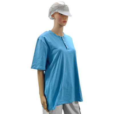 Sala limpa 99% Algodão + 1% Fibra de Carbono Azul Unisexo ESD T-shirt antiestático de pescoço O com 3 botões