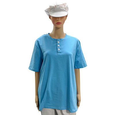 Sala limpa 99% Algodão + 1% Fibra de Carbono Azul Unisexo ESD T-shirt antiestático de pescoço O com 3 botões
