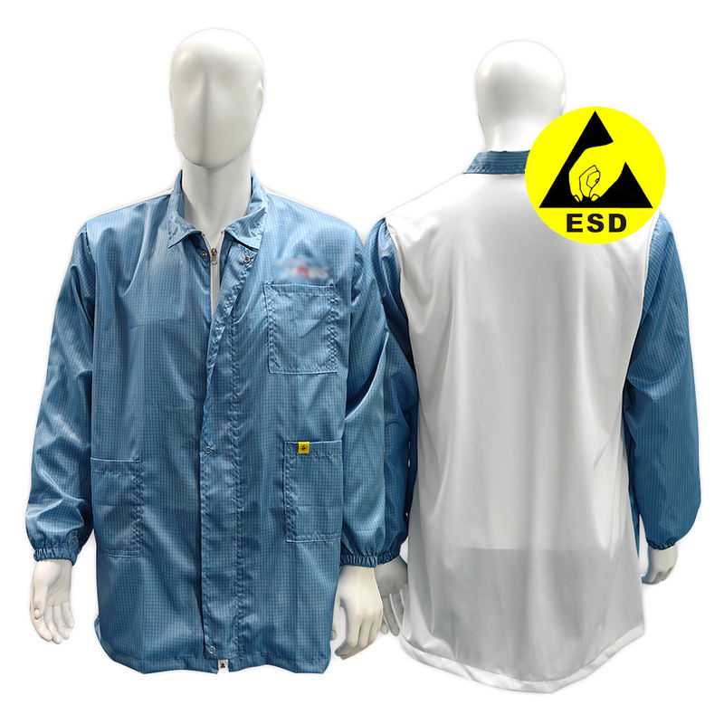 Casa limpa ESD casaco antistático com um zipper de lapela rede branca traseira casaco de laboratório antistático